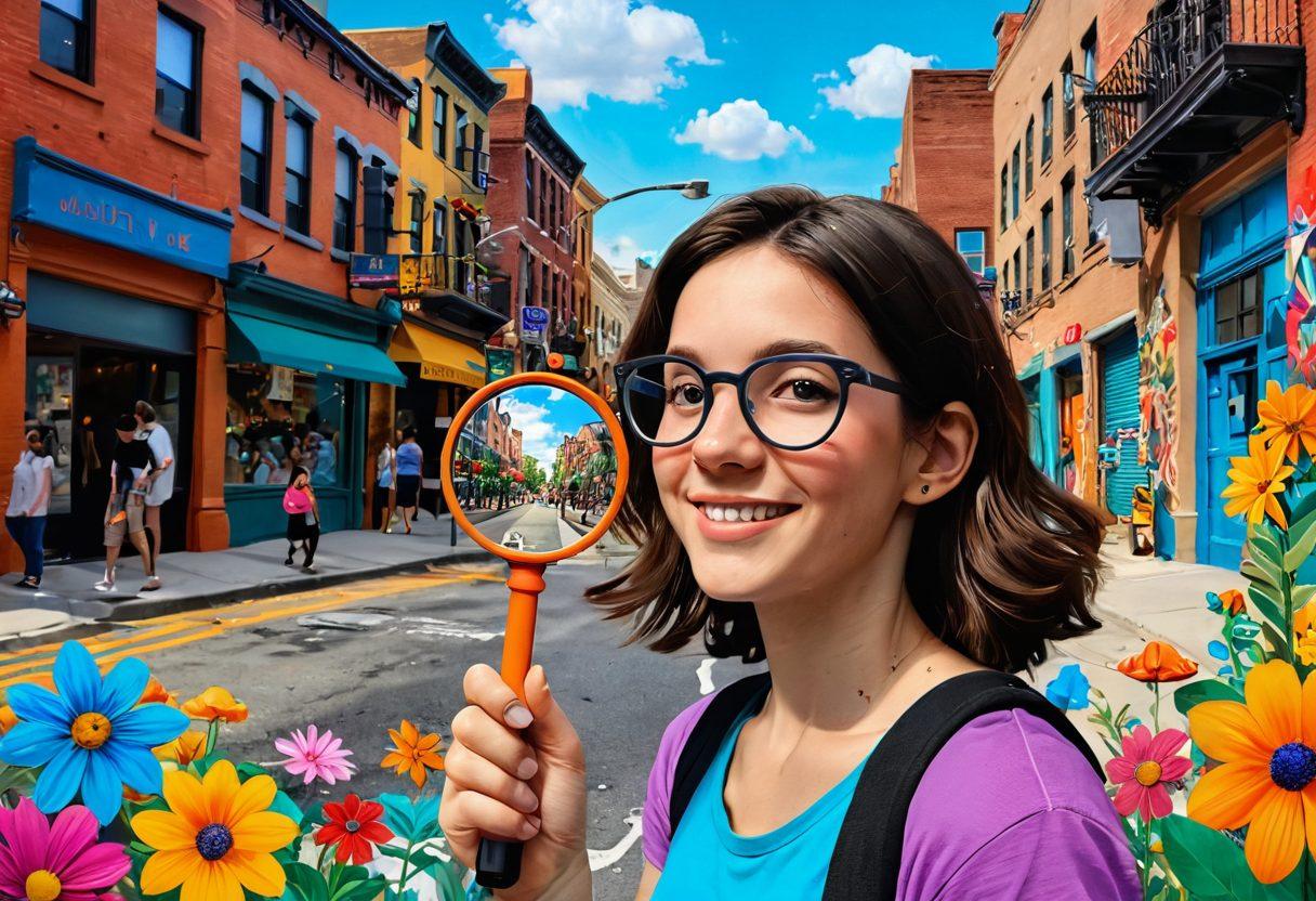 A whimsical scene of a curious person joyfully exploring a vibrant urban environment, surrounded by colorful street art and intriguing objects that spark curiosity. The foreground features a magnifying glass held up to a blooming flower, symbolizing the joy of discovery, while the background showcases a lively street filled with interesting characters and hidden gems. Bright and cheerful color palette. super-realistic. vibrant colors. 3D.