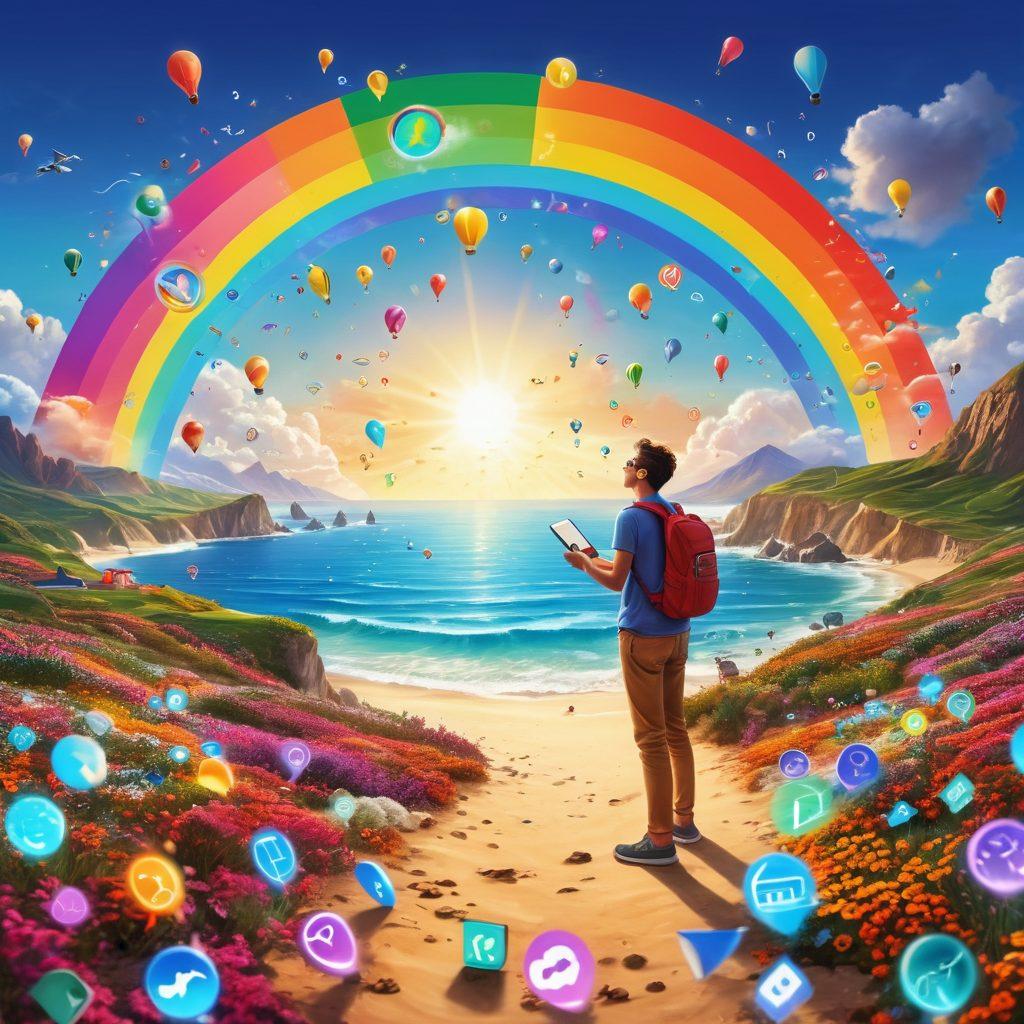 A vibrant scene showcasing a person joyfully exploring a sunny digital landscape filled with colorful search icons, magnifying glasses, and floating lightbulbs representing ideas. The background features a serene horizon and a rainbow arching over the scene, symbolizing hope and happiness. The person, wearing a cheerful expression, is surrounded by visual representations of various joyful discoveries such as books, travel, and friendships. A whimsical and uplifting atmosphere fills the image. vibrant colors. super-realistic.